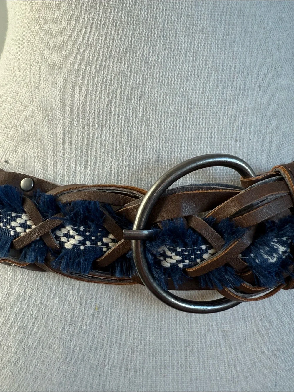 Boho Braided Leather Belt Blue Fringe Woven Western Festival Waist Belt